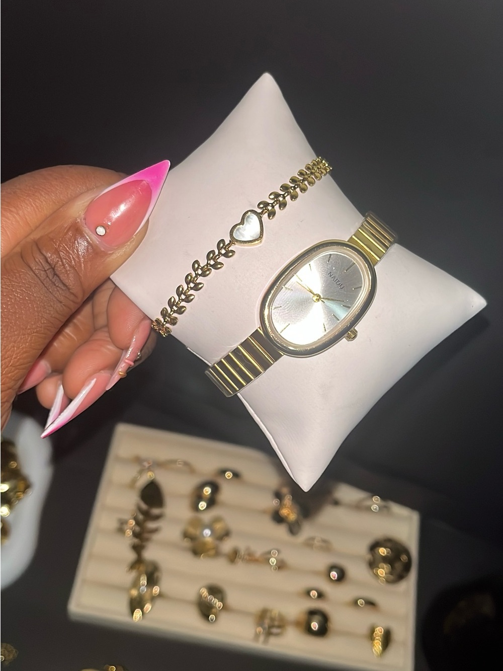 Gold Heart Chain Bracelet and Gold Oval Watch Set - Women Accessories